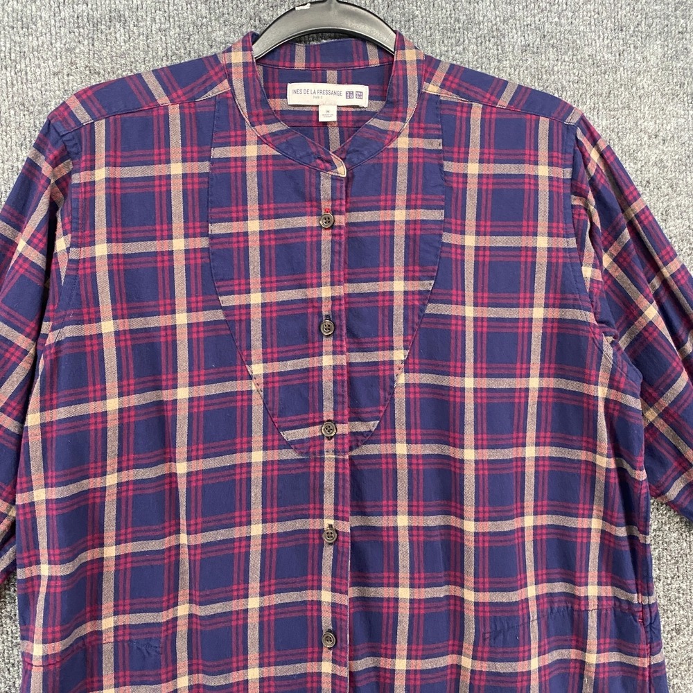 Uniqlo Ines De La Fressange Shirt Dress Size M Blue‎ Flannel Button Up Farm Barn - Picture 2 of 9